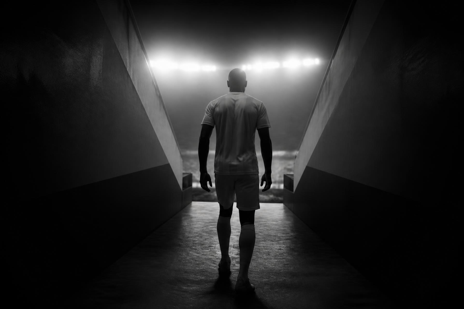 A footballer walking through a floodlit stadium tunnel